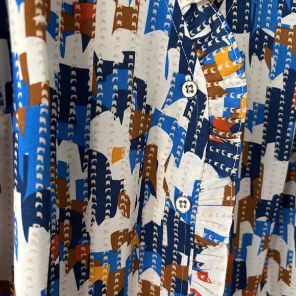 Cabi 6106 Jigsaw Blouse Button Front Ruffle V-Neck Blue Brown White Sz S - Picture 3 of 9